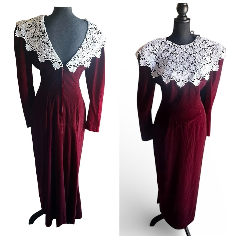 Jessica McClintock Burgundy Gown with White Lace